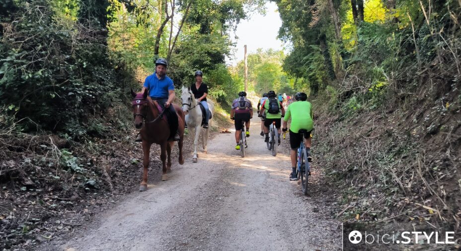 Ciclisti e turisti a cavallo