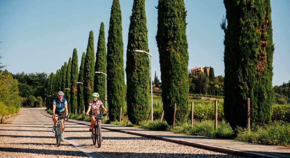 Ciclovia dei Colli e del Brembo, ciclisti e viale di cipressi
