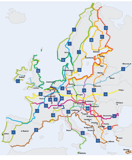 Il dettaglio dei percorsi che fanno parte della rete Eurovelo, in continua espansione