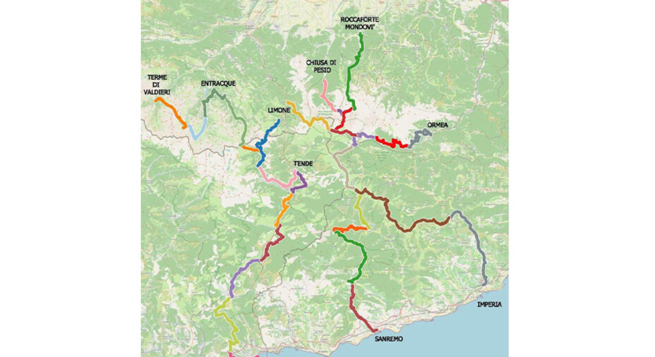 Tutti i percorsi interessati dal progetto RivierALP, che coinvolge Piemonte, Liguria e il Department des Alpes Maritimes