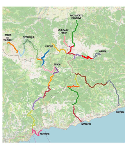 Tutti i percorsi interessati dal progetto RivierALP, che coinvolge Piemonte, Liguria e il Department des Alpes Maritimes