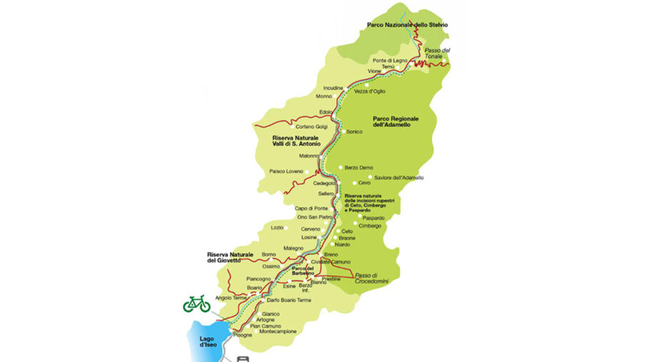 La cartina del percorso, che dal passo del Tonale raggiunge e si tuffa nel Lago d'Iseo