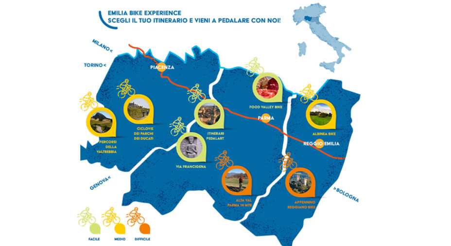 Il dettaglio di Emilia Bike Experience, con tutti gli itinerari di un territorio dall'altissimo potenziale