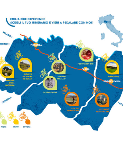 Il dettaglio di Emilia Bike Experience, con tutti gli itinerari di un territorio dall'altissimo potenziale