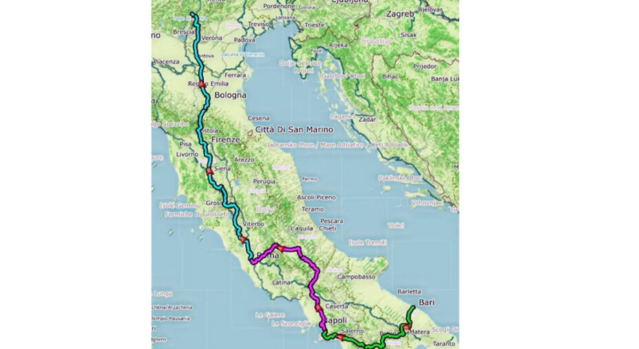 Il disegno dei tre tracciati, che si uniscono a Roma per risalire lo Stivale