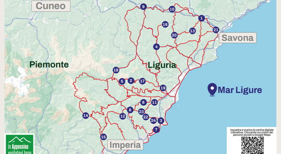La cartina dei comuni liguri che hanno finora aderito a Pedala a Ponente. Ce ne sono anche 4 cuneesi