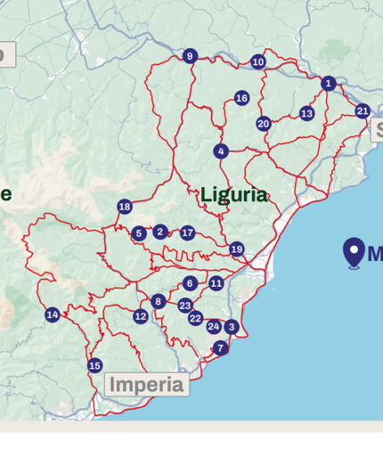 La cartina dei comuni liguri che hanno finora aderito a Pedala a Ponente. Ce ne sono anche 4 cuneesi