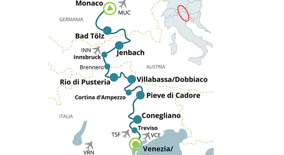 La cartina del percorso da Monaco a Venezia, lungo 560 chilometri con 3.000 metri di dislivello