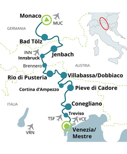 La cartina del percorso da Monaco a Venezia, lungo 560 chilometri con 3.000 metri di dislivello