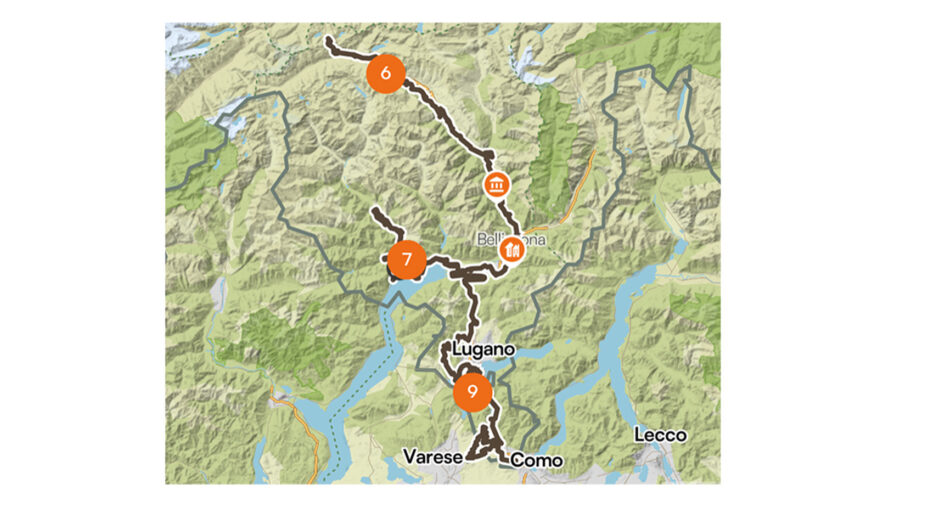Il percorso della Ticino Traverso, lunga 330 chilometri per 7.000 metri di dislivello (foto komoot)