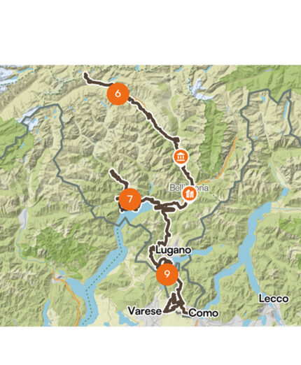 Il percorso della Ticino Traverso, lunga 330 chilometri per 7.000 metri di dislivello (foto komoot)
