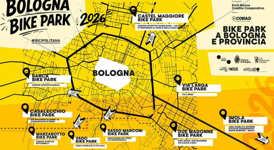 La cartina della Bicipolitana Bolognese con i 9 bike park sparsi sul territorio