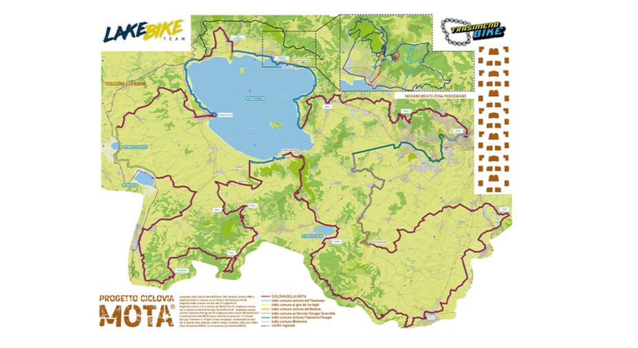 La mappa della Ciclovia Mota, che si sviluppa nel Perugino per 320 chilometri toccando 13 Comuni