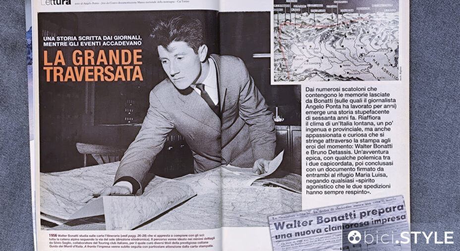 Walter Bonatti in un'immagine di Meridiani Montagne, mentre preparava la sua traccia