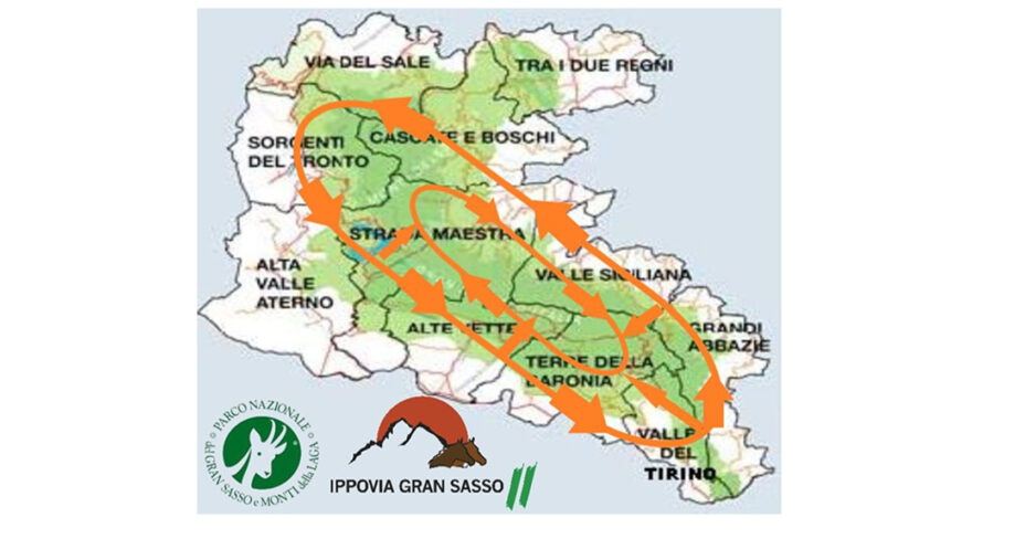 Una cartina che definisce lo sviluppo dell'ippovia abruzzese, sviluppata su oltre 700 chilometri