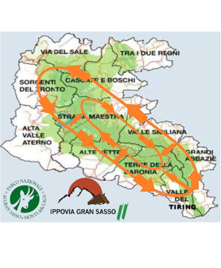 Una cartina che definisce lo sviluppo dell'ippovia abruzzese, sviluppata su oltre 700 chilometri