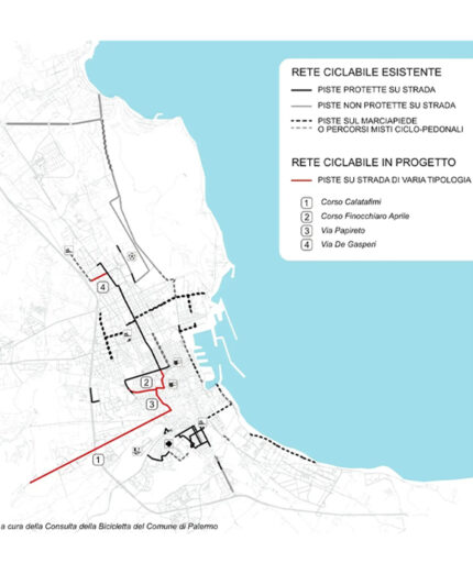 La mappa diffusa dalla Consulta della Bicicletta di Palermo per la situazione delle ciclabili urbane
