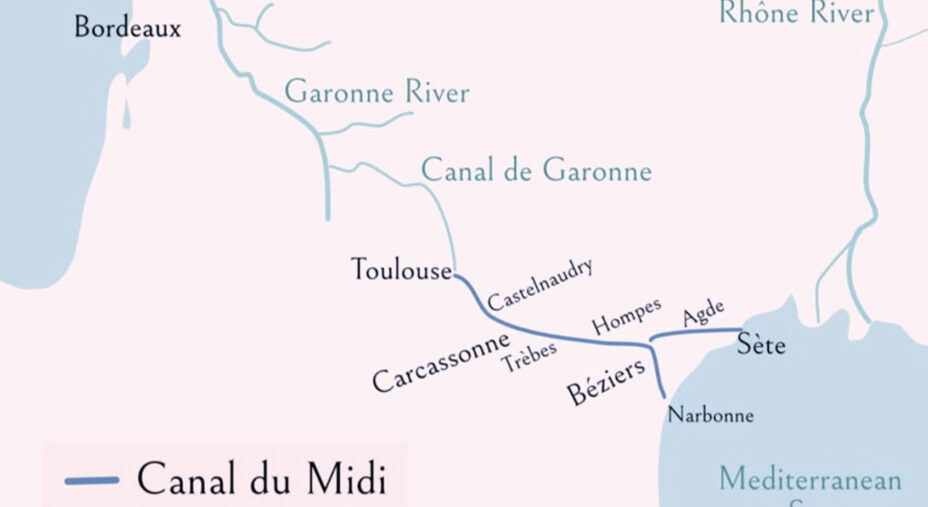 La mappa del Canal du Midi e il suo collegamento con Canale dei due Mari (immagine France Tourisme)