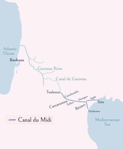 La mappa del Canal du Midi e il suo collegamento con Canale dei due Mari (immagine France Tourisme)