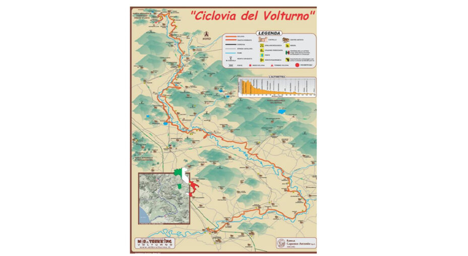 La mappa del percorso della Ciclovia del Volturno, che tocca due regioni e province e 21 comuni nel complesso