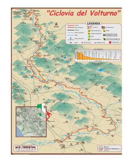 La mappa del percorso della Ciclovia del Volturno, che tocca due regioni e province e 21 comuni nel complesso