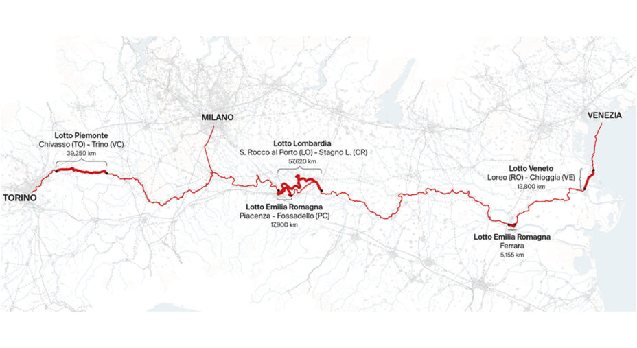 La mappa della Ciclovia VenTo con la divisione fra le regioni e le attribuzioni di responsabilità