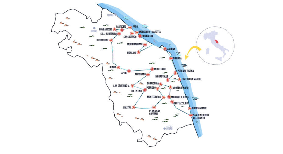 La rete dei 31 Comuni di Strade di Marca ideata e promossa da NoiMarche e NoiMarche Bikelife
